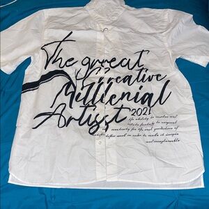 Zara White Short-Sleeve Button-Down Shirt with Black Script Graphic